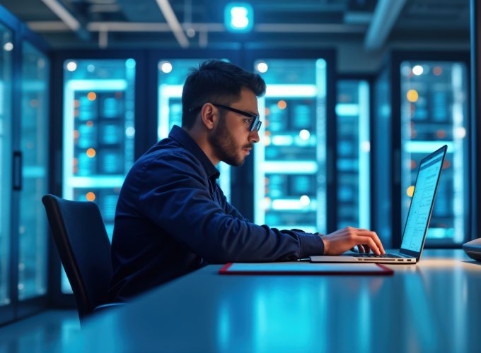 Man works on laptop in server room. Engineer focused on digital tech. Focused on database management. Modern tech scene. Work in data center. Uses laptop to solve problems, with digital information.