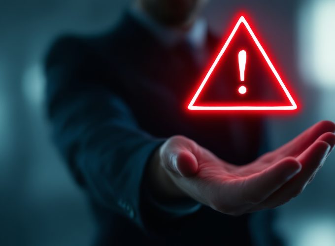 A businessman is presenting a bright red warning sign symbol, highlighting a potential risk or problem. The image conveys a sense of concern and attention to detail.